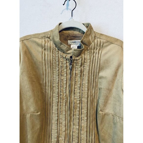 Coldwater Creek Jacket Womens Large Faux Suede Zip Up Pleated Ruffle Cottagecore - Picture 2 of 5